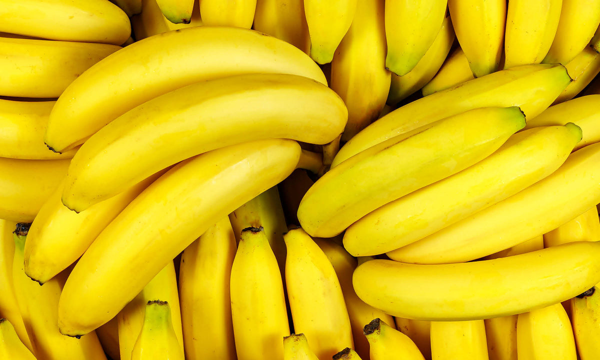 Nahaufnahme mehrerer frischer gelber Bananen in Bündeln