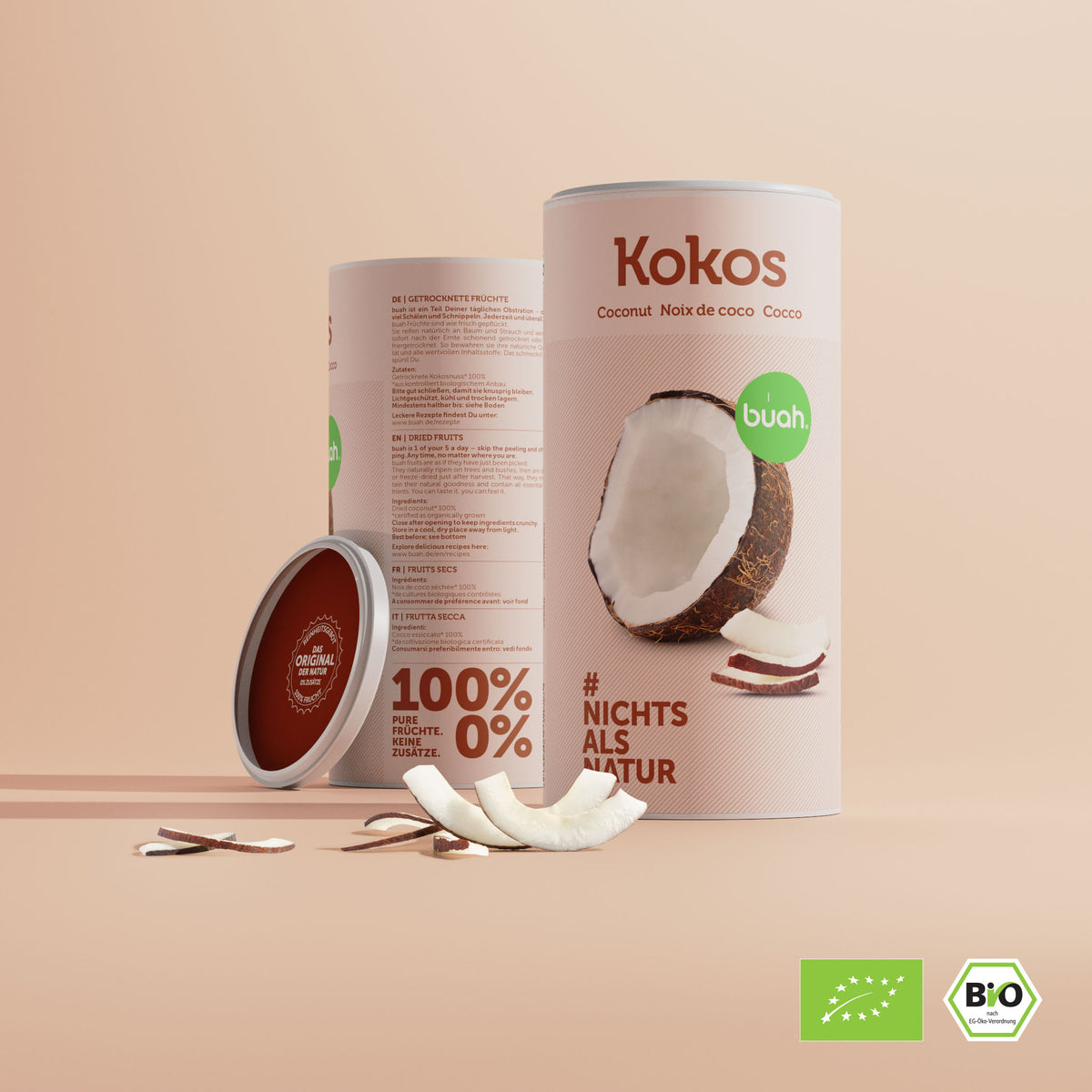Beige Verpackung der buah Dose Kokoschips mit Abbildung einer Kokosnuss