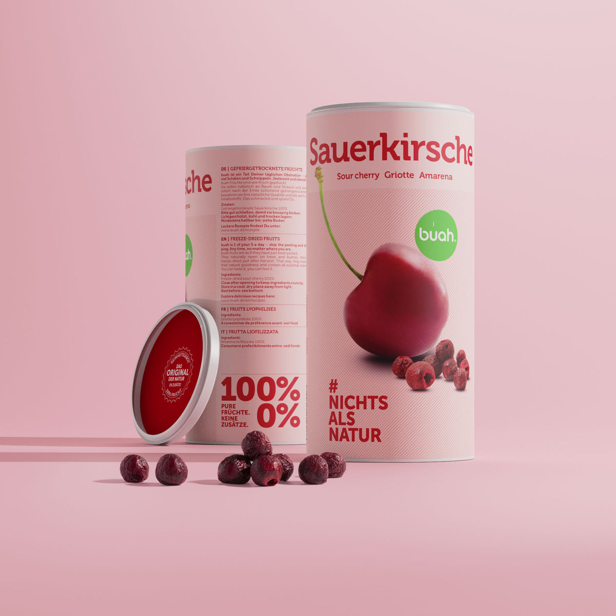buah Sauerkirschen in der grossen Dose mit Abbildung einer Sauerkirsche darauf