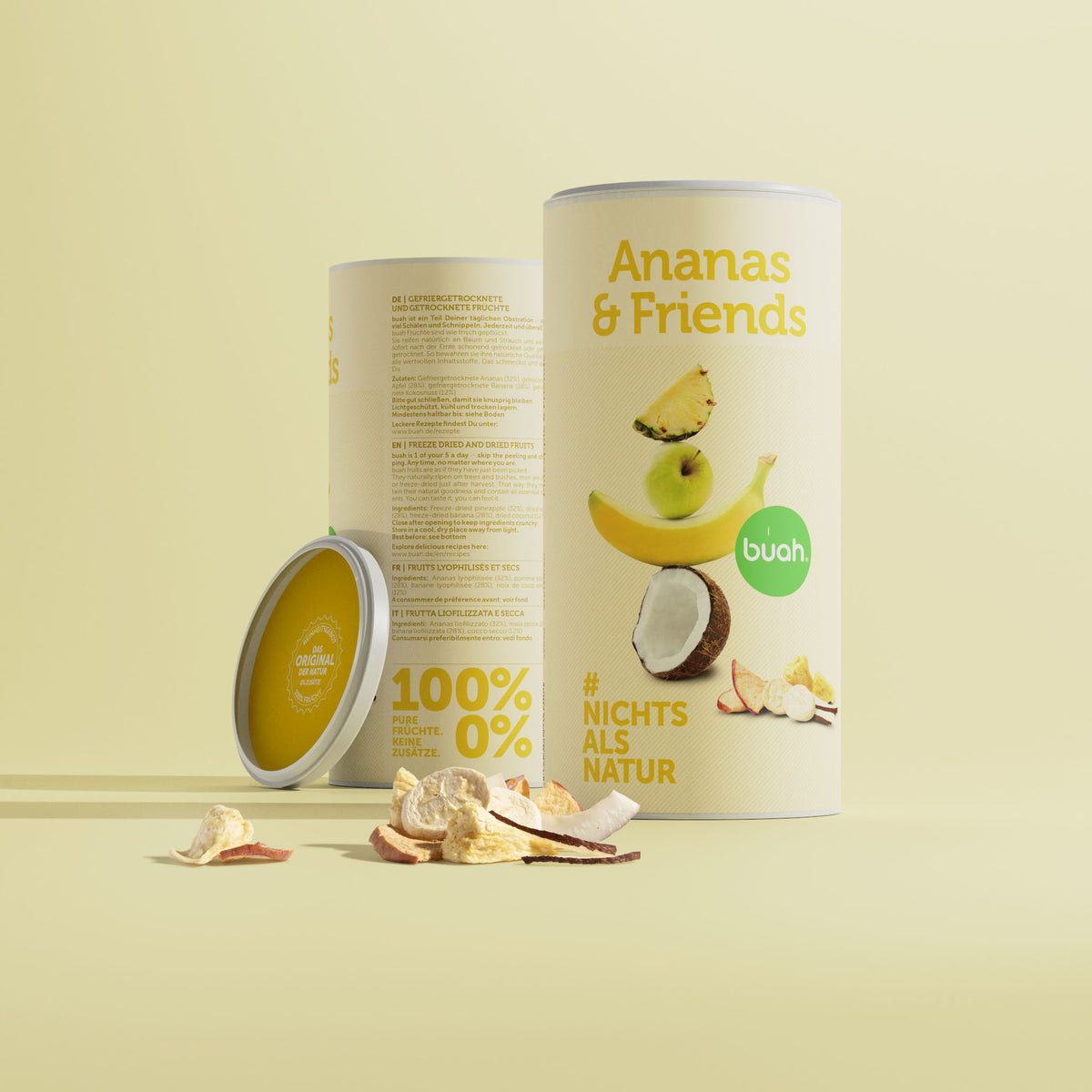buah grosse Dose Ananas & Friends mit Vorder,- und Rueckansicht