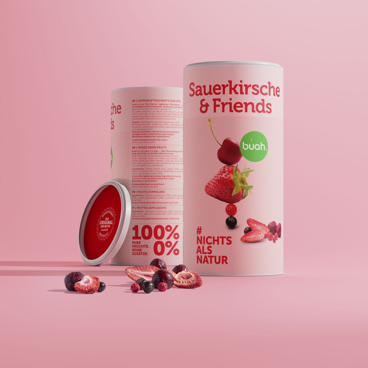 buah grosse Dose Sauerkirsche & Friends, Vorder-, und Rueckansicht vor rosa Hintergrund