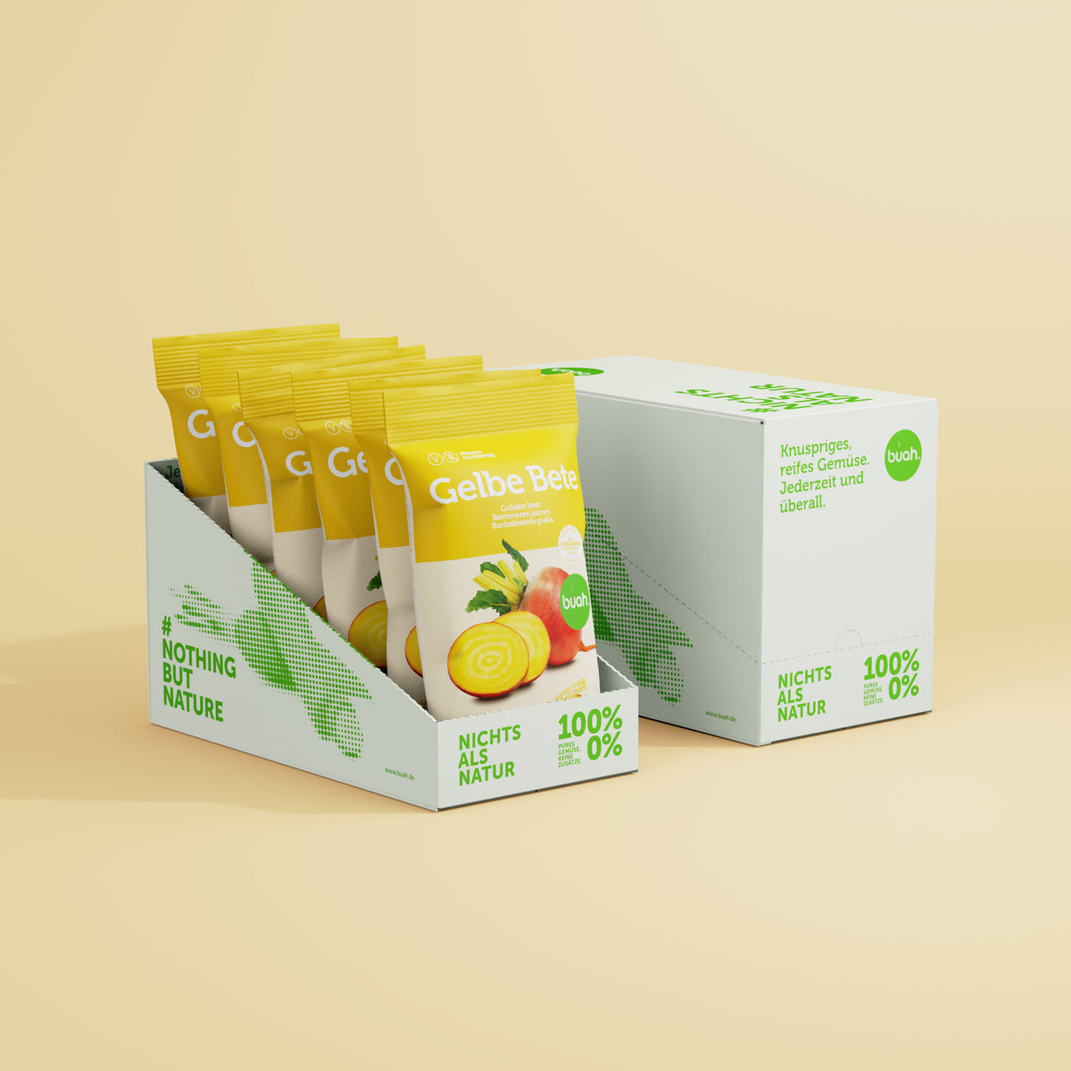 6 Packungen buah Gelbe Bete Gemüsechips von buah in einer weißen Box aufgestellt hintereinander