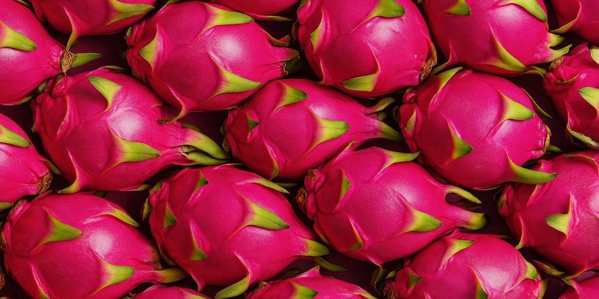Bild vieler frischer pinker Drachenfrüchte die auf und nebeneinander liegen