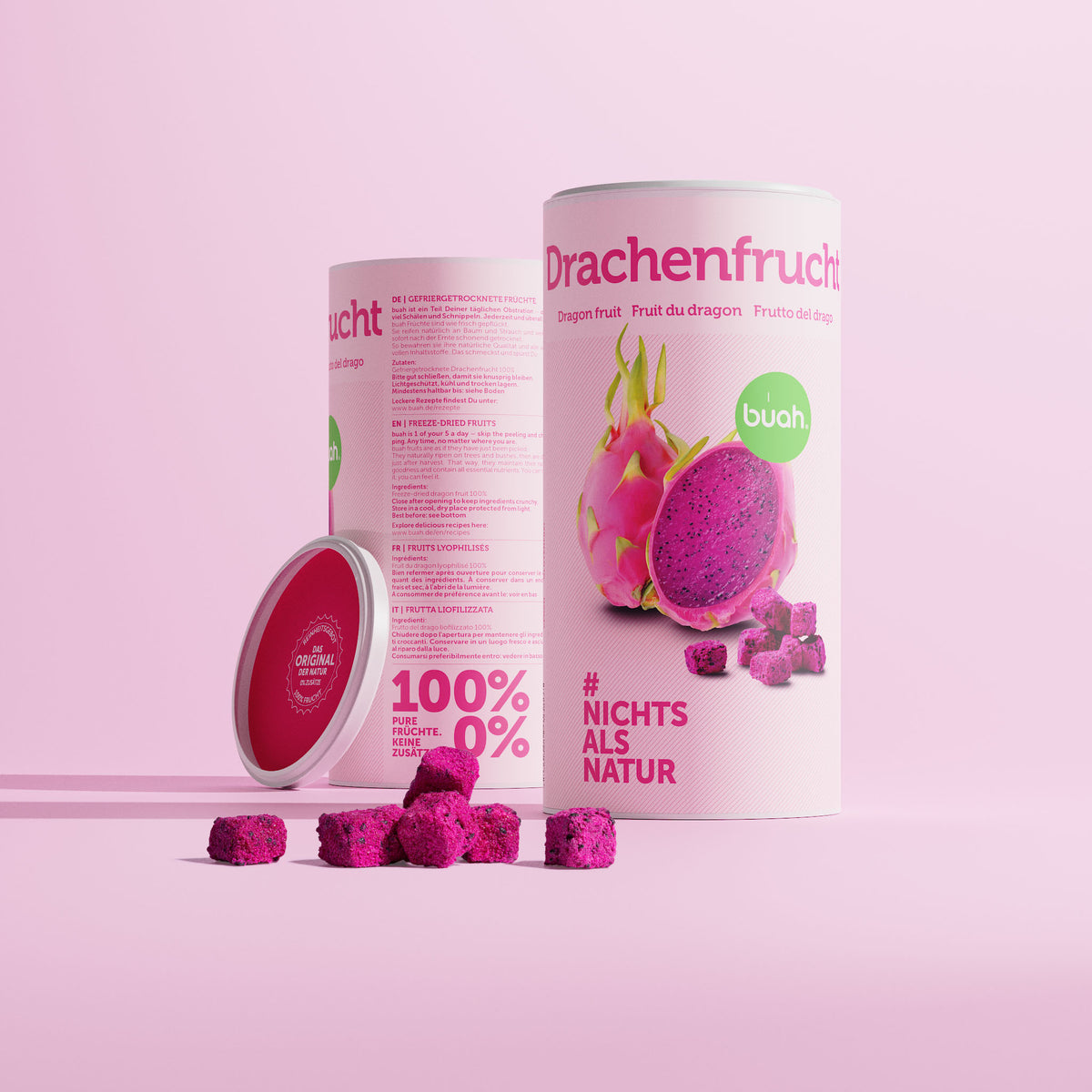 buah gefriergetrocknete Drachenfrucht in der grossen Dose - Dose ist hellrosa mit dem Abbild einer Drachenfrucht - Dose Zylinder-foermig aus Papier