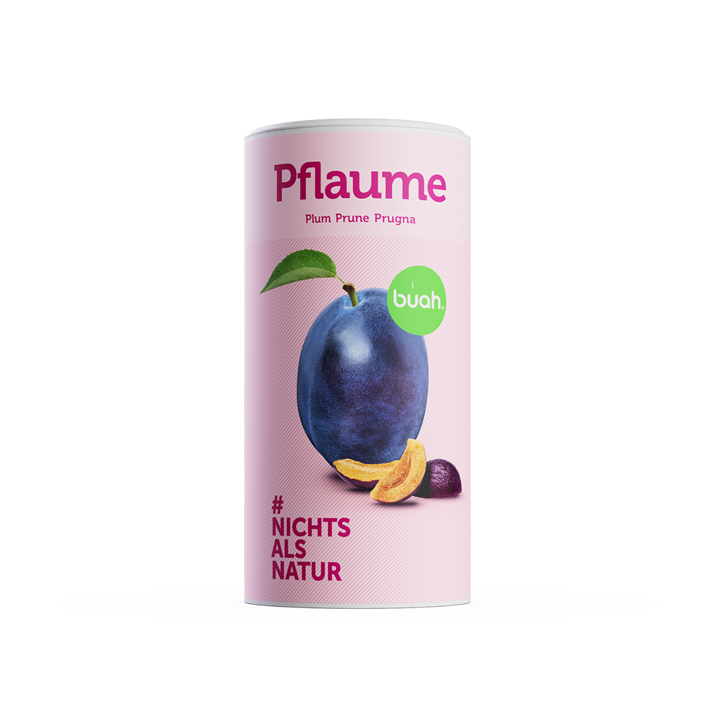 Grosse Dose buah gefriergetrocknete Pflaume mit einer frischen Pflaume auf der Zylinderfoermigern, rosa Packung und lila Schrift.
