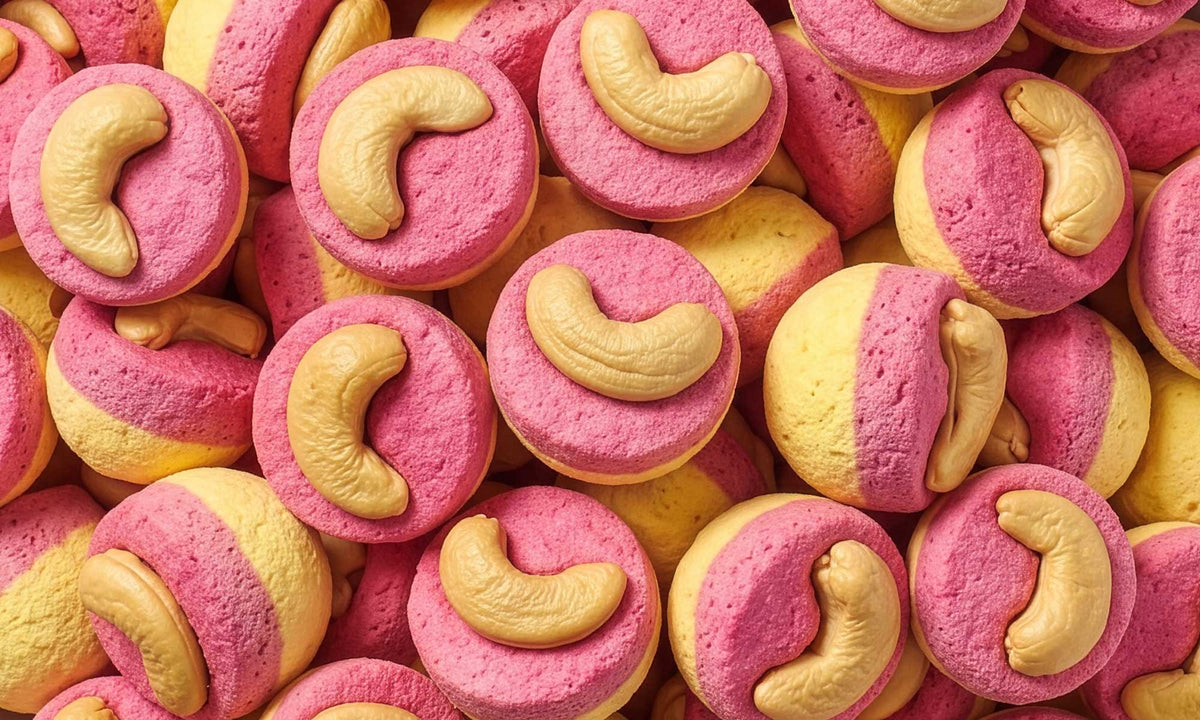 Eine formatfĂĽllende Nahaufnahme von vielen runden, zweifarbigen buah Fruit TRIOS StĂĽcken der Sorte Raspberry, Mango & Cashew. Auf jedem der pink-gelben FruchtstĂĽcke sitzt ein heller Cashewkern.