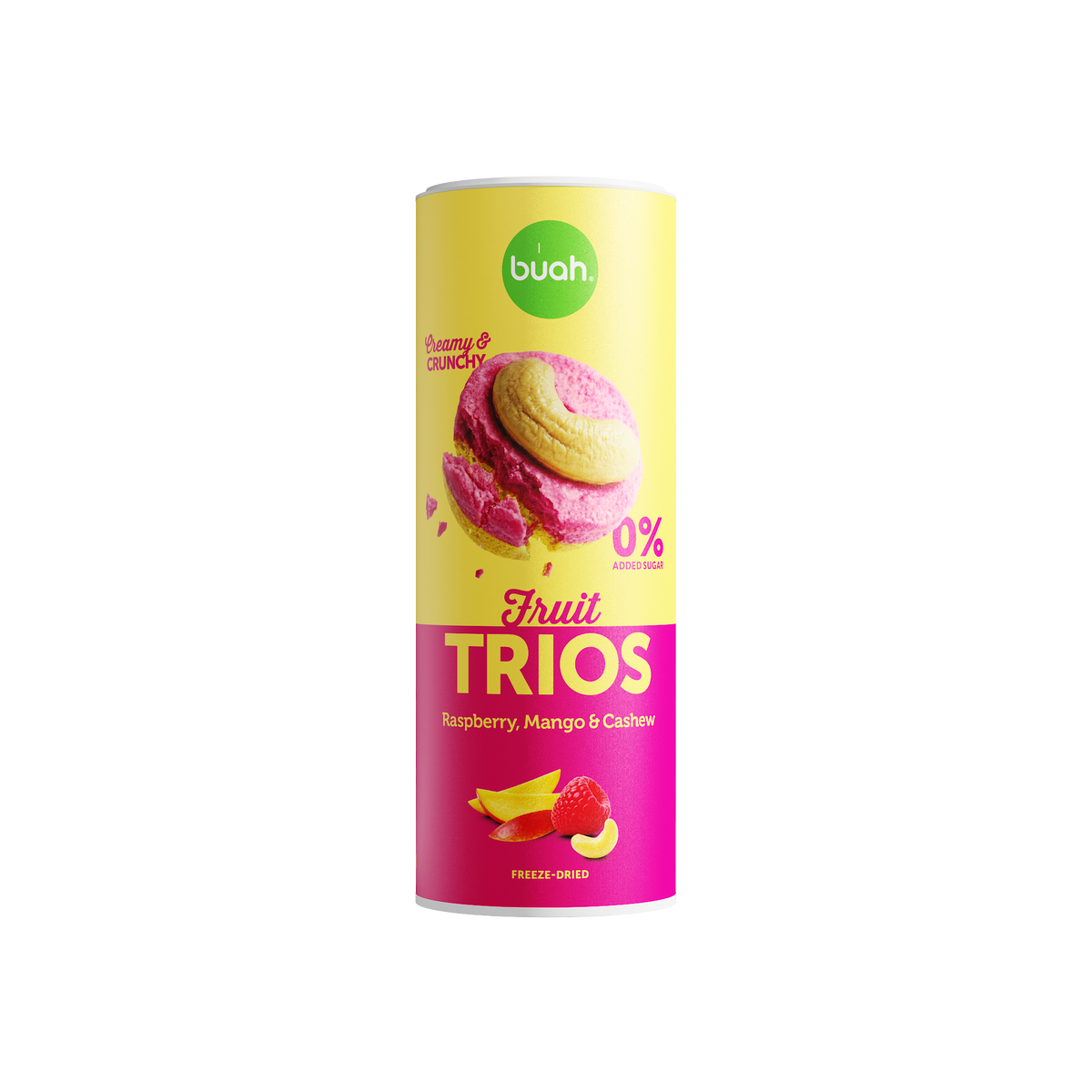 Eine hohe Slim-Dose buah Fruit TRIOS Raspberry, Mango & Cashew steht freigestellt auf einem weiĂźen Hintergrund. Auf der Dose ist ein rundes FruchtstĂĽck mit Cashewkern abgebildet.