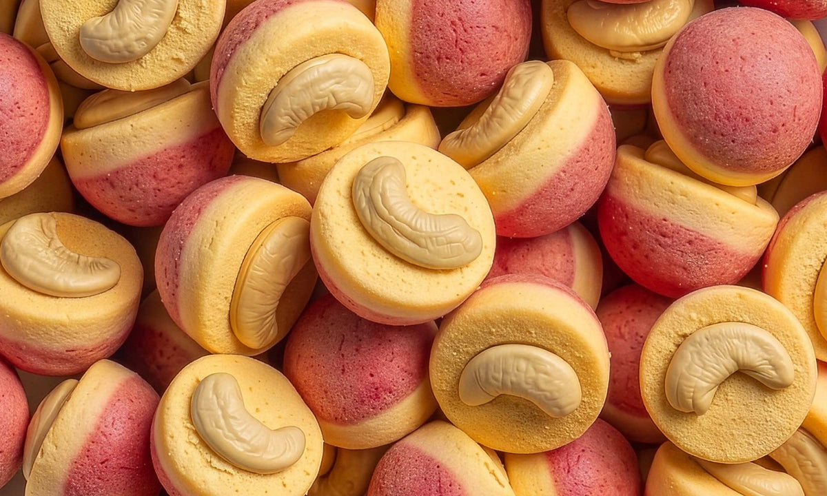 Eine formatfüllende Nahaufnahme von vielen runden, zweifarbigen buah Fruit TRIOS Stücken der Sorte Strawberry, Mango & Cashew. Auf jedem der rot-gelben Fruchtstücke sitzt ein heller Cashewkern.