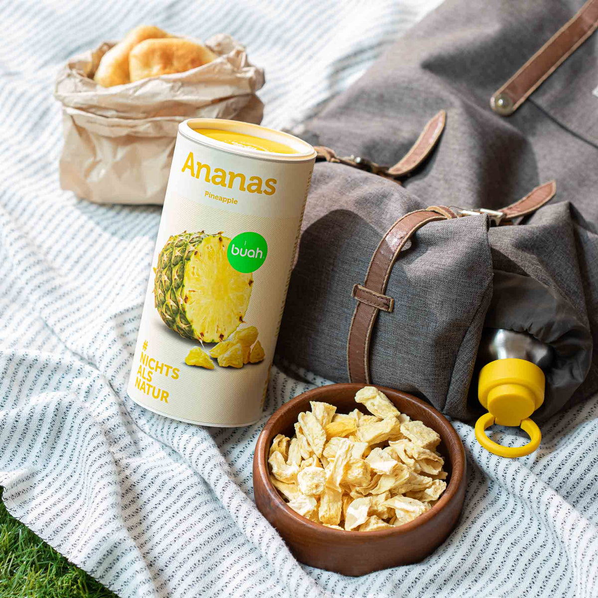 Dose buah Ananas steht neben Schale mit gefriergetrockneter Ananas und Rucksack auf einer Picknickdecke