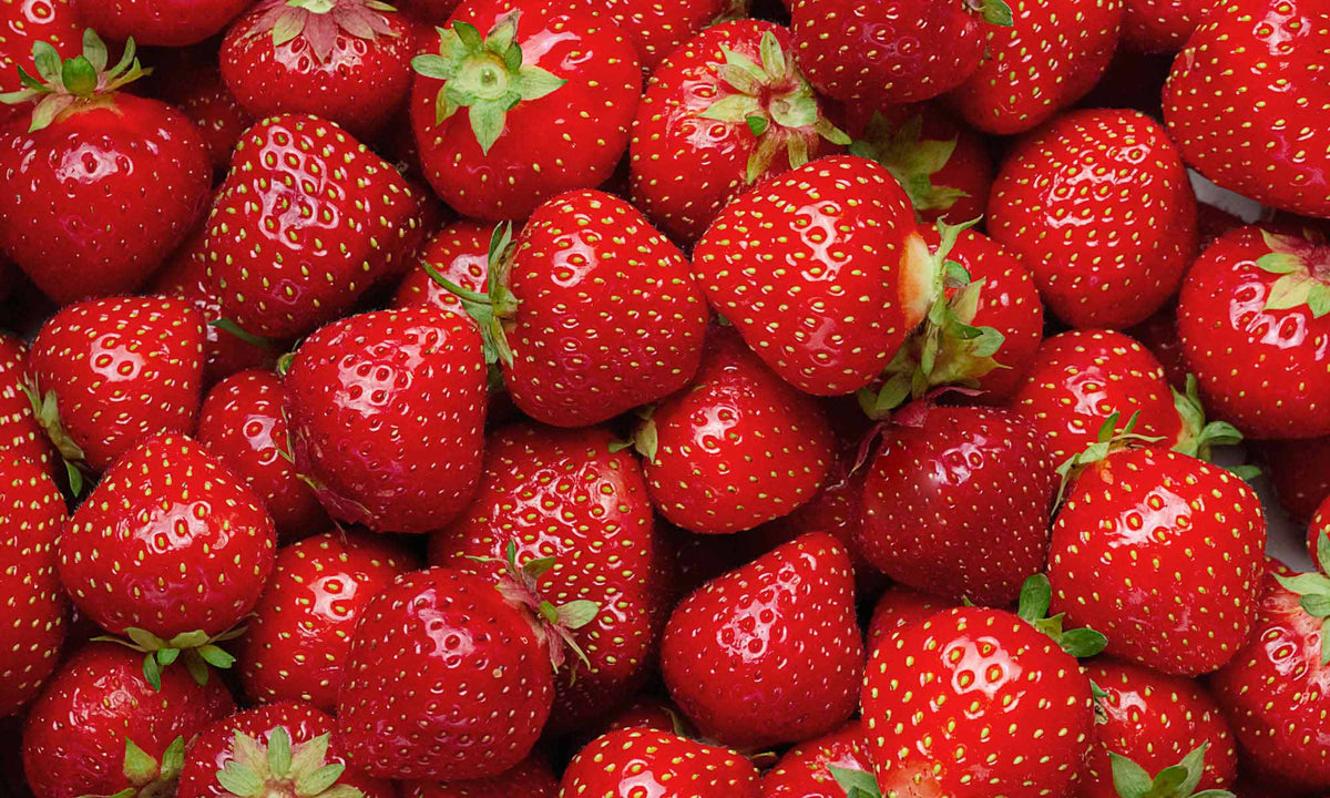 Viele frische, dunkelrote und reife Erdbeeren auf und nebeneinander 