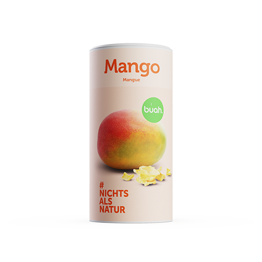 buah gefriergetrocknete Mango in der Dose mit kleinem Haufen gefriergetrockneter Mango im Vordergrund
