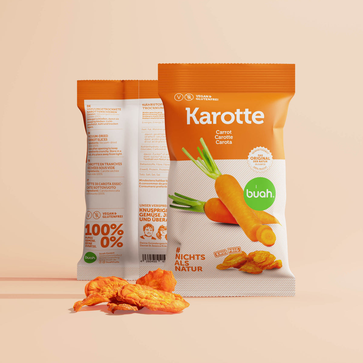 Vorder-, und Rueckansicht einer Packung buah vakuumgetrocknete Karotte