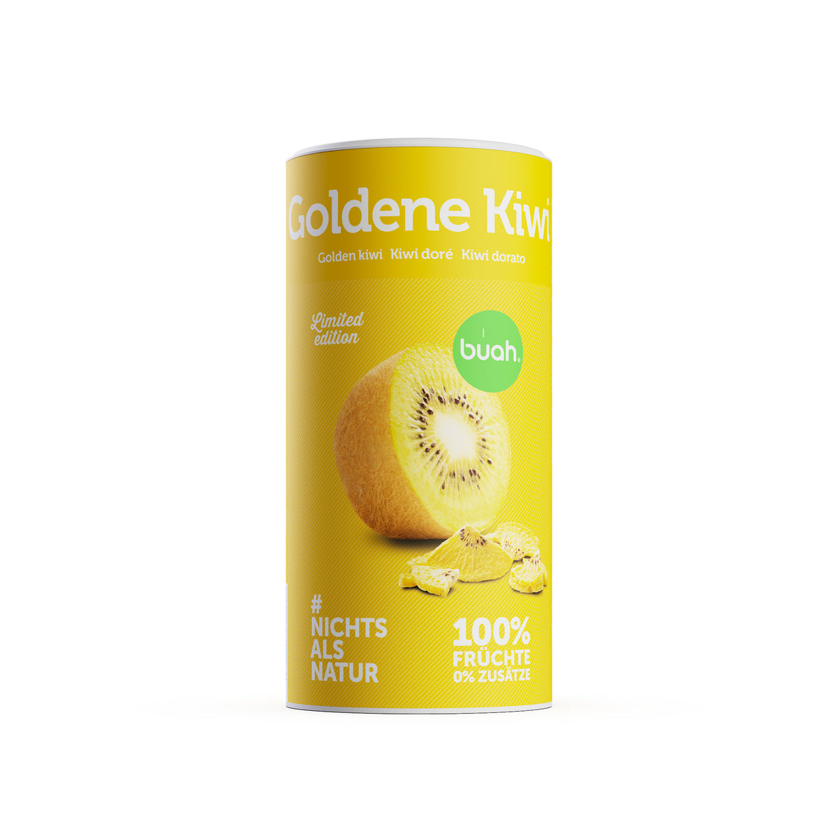 Eine gelbe Dose buah gefriergetrocknete Goldene Kiwi (Limited Edition) steht freigestellt auf einem weißen Hintergrund. Im Vordergrund liegen knusprige Kiwi-Stücke.